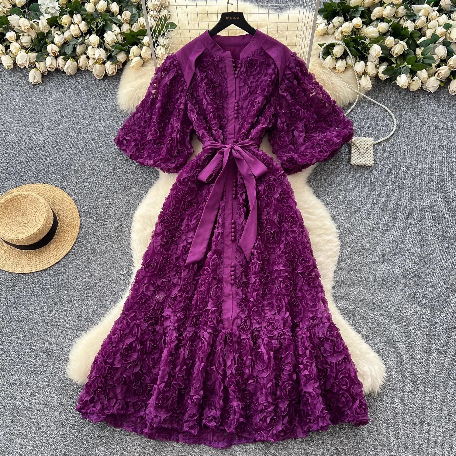 Luxury 3D Flower Formal Evening Dress Women Summer Single Breasted Loose Oversize Belt Lace Up Long Dresses Female Party Vestido