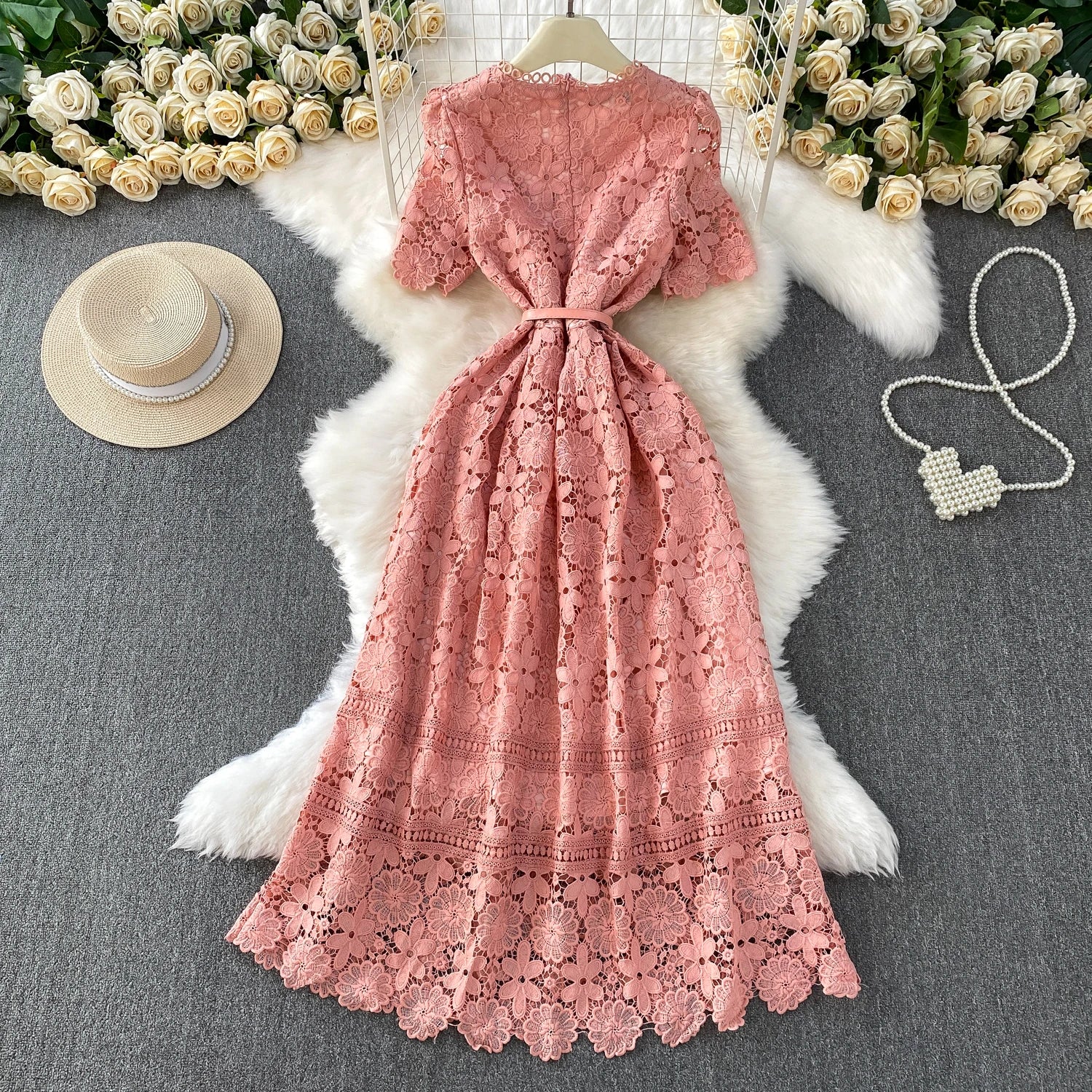 Brand Design Summer Embroidery Lace Long Dress Women Hollow Out Short Sleeve Midi Dresses Lady Belt Prom Evening Party Vestidos