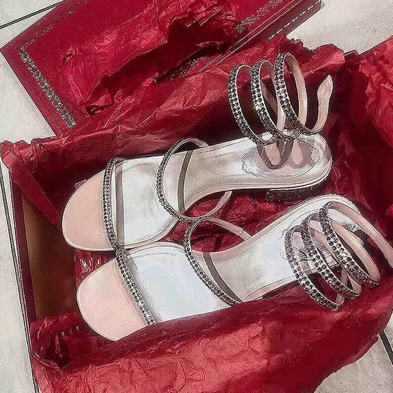 Women Sandals 2023 New Summer Rhinestone Ankle Strap Roman Shoes Ladies High Thick Square Heels Simplicity Sexy Shoes Female