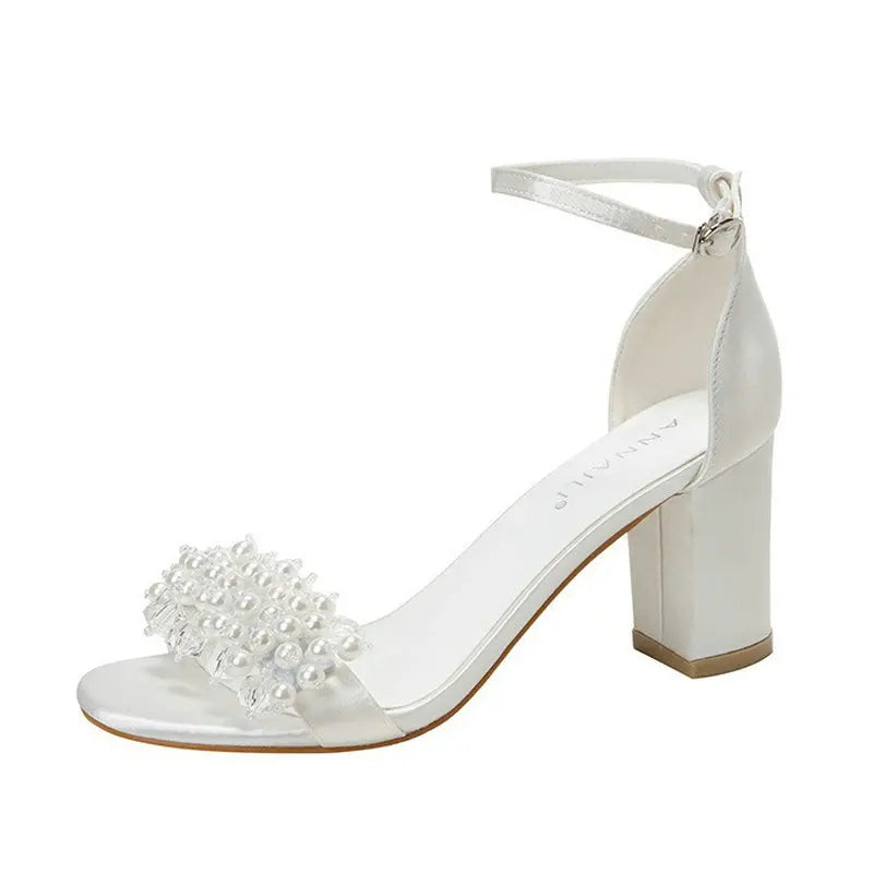 2025 New Style Thick Heel Line With Round Head Large Size Sandals Pearl Buckle High Heel White Bridal Wedding Shoes For Female