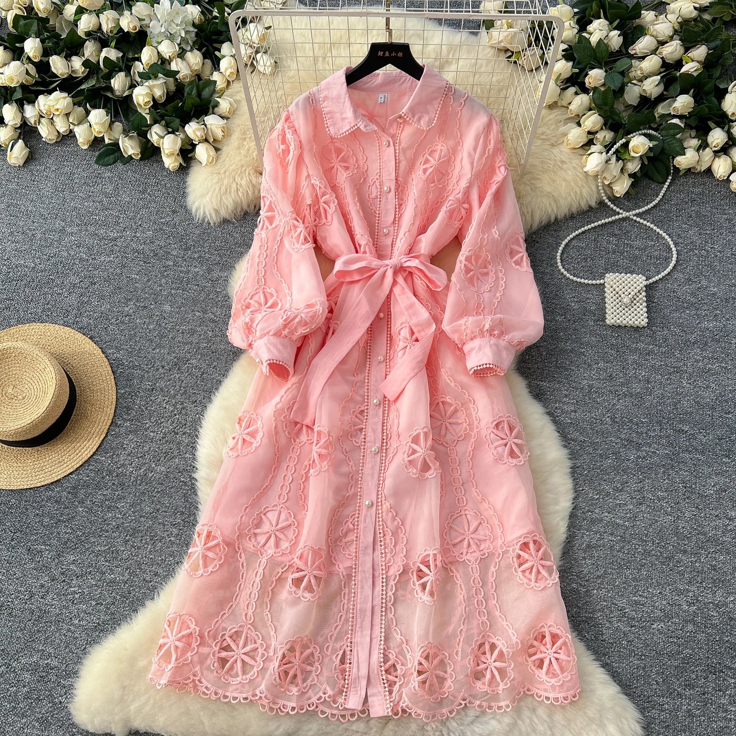 Elegant Embroidery Vintage Lantern Sleeves Lapel Single Breasted Chic Bandage Slim Long Dresses Women High Street Clothing