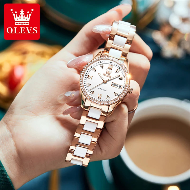 OLEVS Fashion Women Mechanical Watches Luxury Diamond Ceramic Strap Waterproof Luminous Week Calendar Automatic Watch For Women