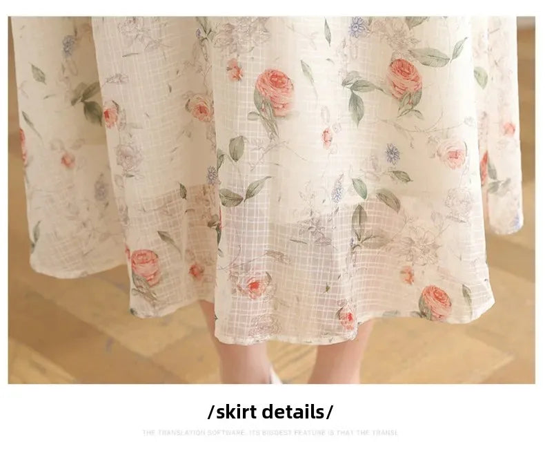 Elegant Summer Dress with Bubble Sleeves And Bellflower Pattern Slimming Empire Waist Knee-Length Polyester Fiber Short Sleeve