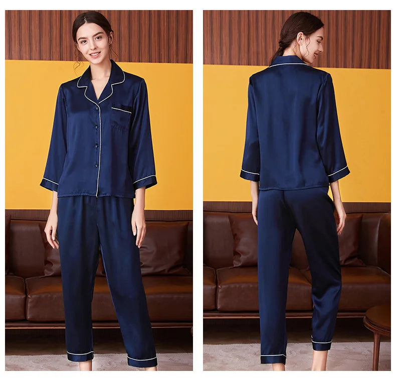 100% Mulberry Silk Pajamas Women Summer Winter Spring Long-sleeved Two-piece Couple Home Service Silk Pajamas For Lady