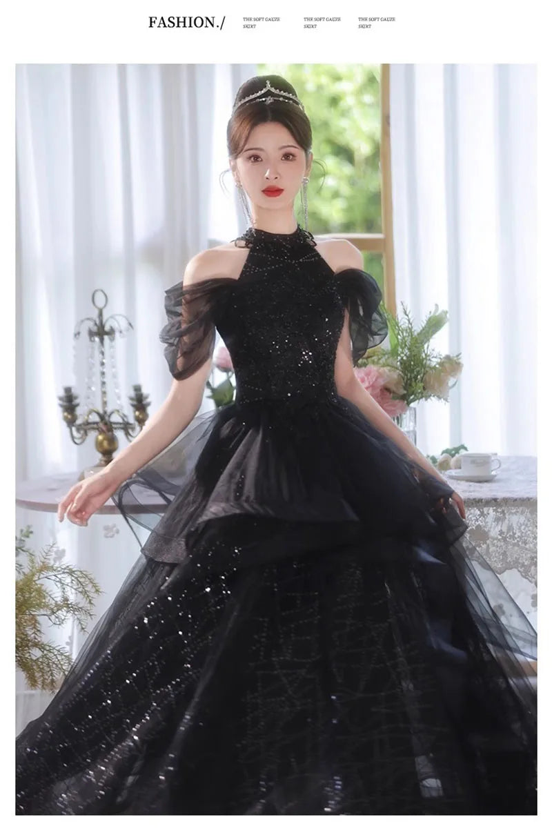 Evening Dresses Luxury 2026 Black Halter Evening Dress Corset Bodice Sequin Tulle Puffy Gown For Gala & Quinceanera