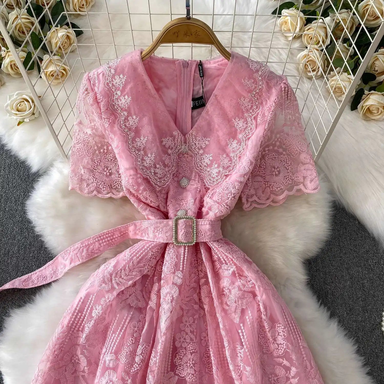 Luxury Formal Evening Lace Dress Women Summer Short Sleeve Crochet Embroidery Prom Long Dresses Runway Party Vestidos