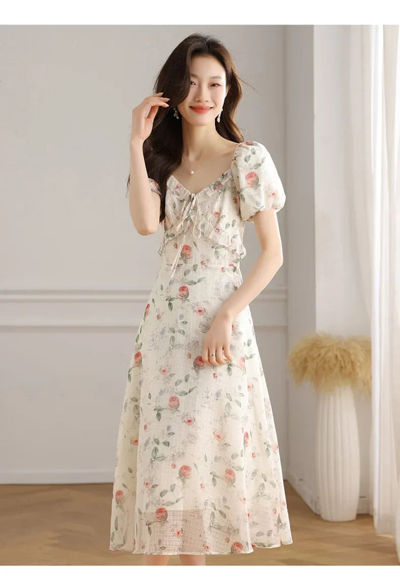 Elegant Summer Dress with Bubble Sleeves And Bellflower Pattern Slimming Empire Waist Knee-Length Polyester Fiber Short Sleeve