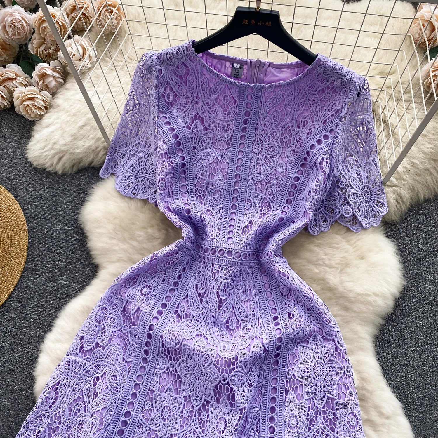 Embroidery Crochet Hollow Out Lace Dress For Women Summer Fashion Runway Short Sleeve Slim Waist Casual Party Midi Vestidos 6931