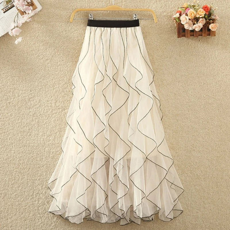 Women's Elegant Wave Pattern Fairy Mesh Ruffle Skirt High Waist A-Line Large Swing Long Skirt Half Body Skirts Ropa Para Mujer