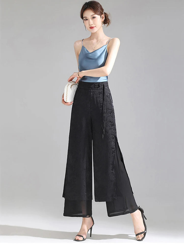 Chiffon Wide Wide Trousers Female Elegant Vintage New Pants Summer Thin Split Loose Skirt Pants Women Black Green