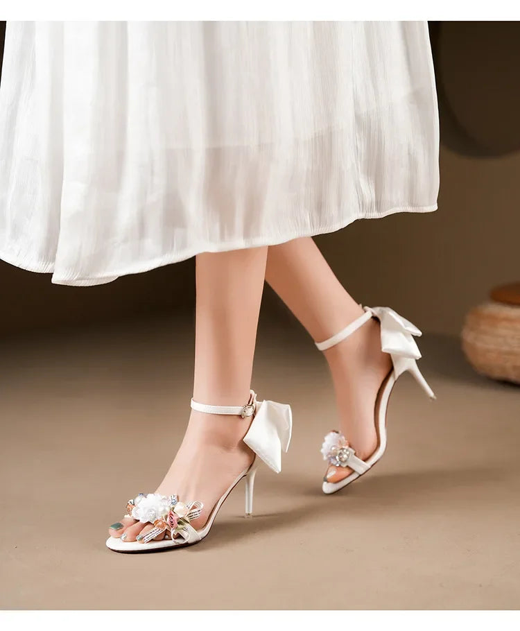 Summer Fashion Shoes Woman Pumps Open Toe Satin Flower Bow Buckle High Heels Ladies Sandals Women's Dress Wedding Party Shoes