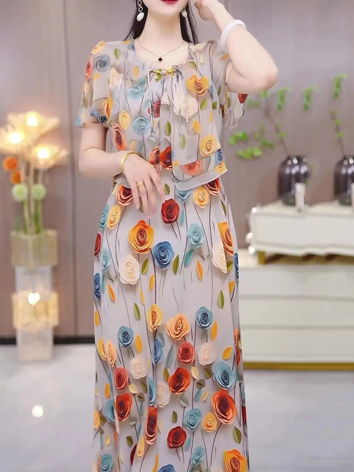 Women's Exquisite Printed Short Sleeved Dress 2024 Summer New Elegant And Beautiful Medium-length Shirt Skirt Mother's Outfit