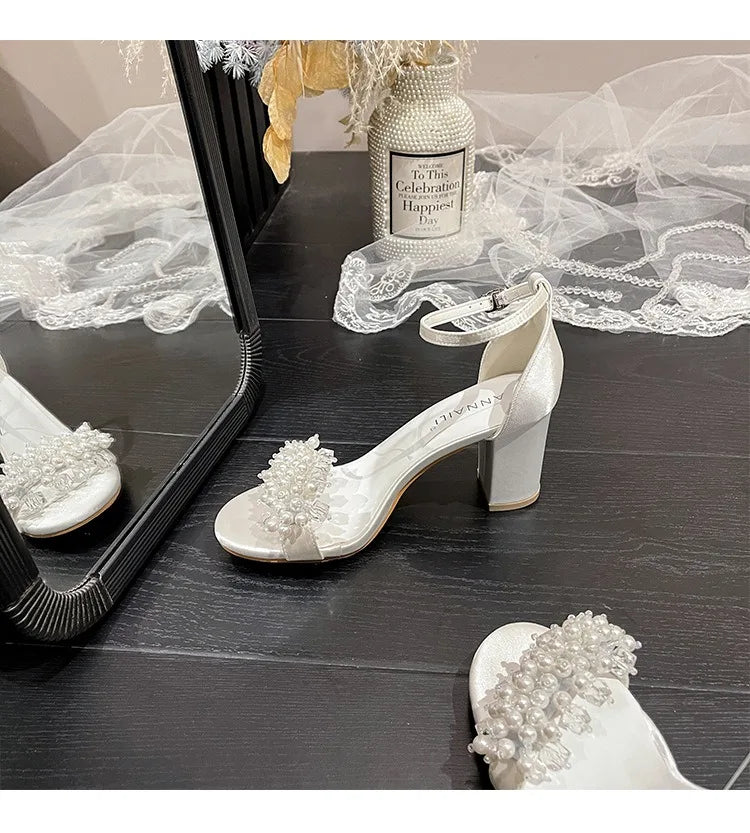 2025 New Style Thick Heel Line With Round Head Large Size Sandals Pearl Buckle High Heel White Bridal Wedding Shoes For Female
