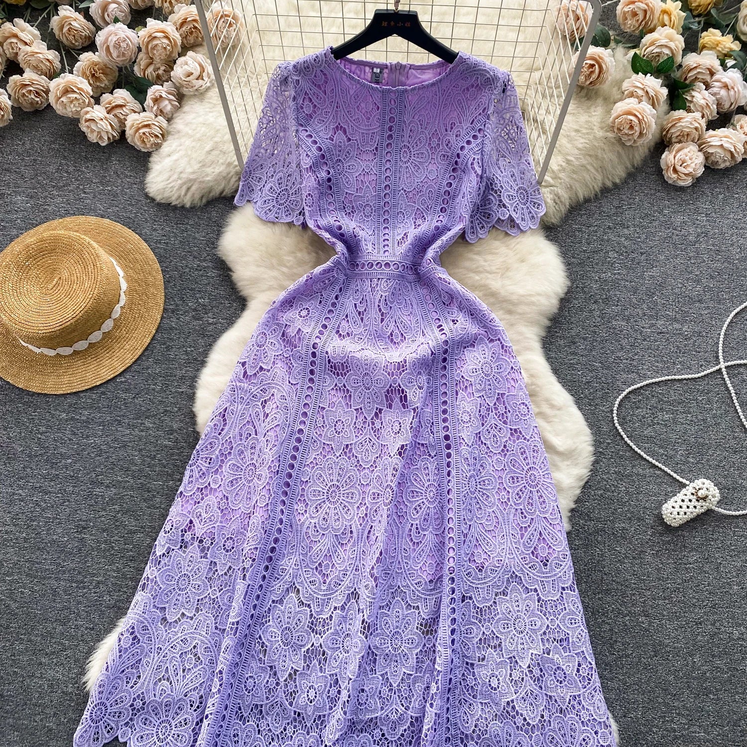 Embroidery Crochet Hollow Out Lace Dress For Women Summer Fashion Runway Short Sleeve Slim Waist Casual Party Midi Vestidos 6931