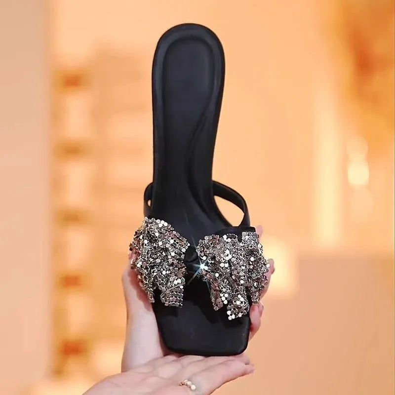 Bling Bow High Heels Women Sandals Square Toe Slippers Woman Shoes Summer 2025 Brand New Chunky Shoes Flip Flops Sexy Pumps