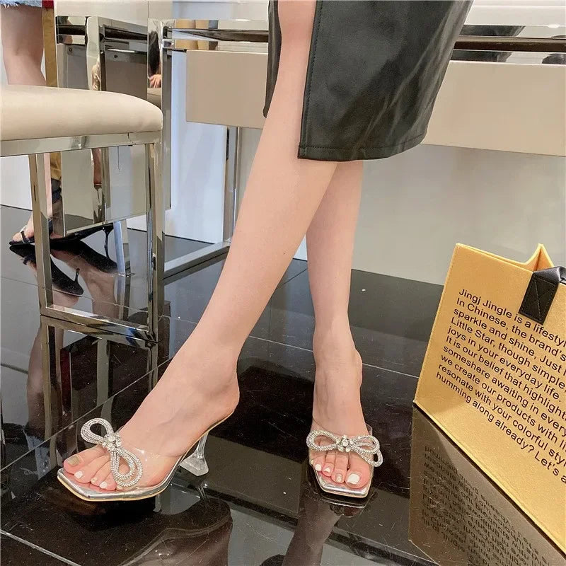 Summer New Style Luxury Fashion Sexy Comfortable Banquet Casual Rhinestone Elegant High Heels Bow Women's Slippers Zapatos Mujer
