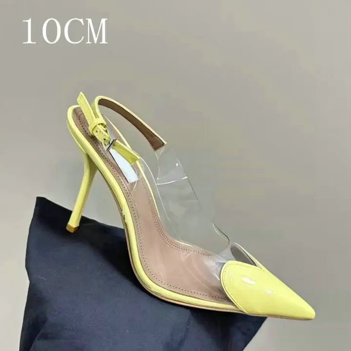2025 New Pointy Peach Heart Fine Heel Shoes Sexy Pvc Transparent Film Black Patent Leather High Heel Overhead Sandals