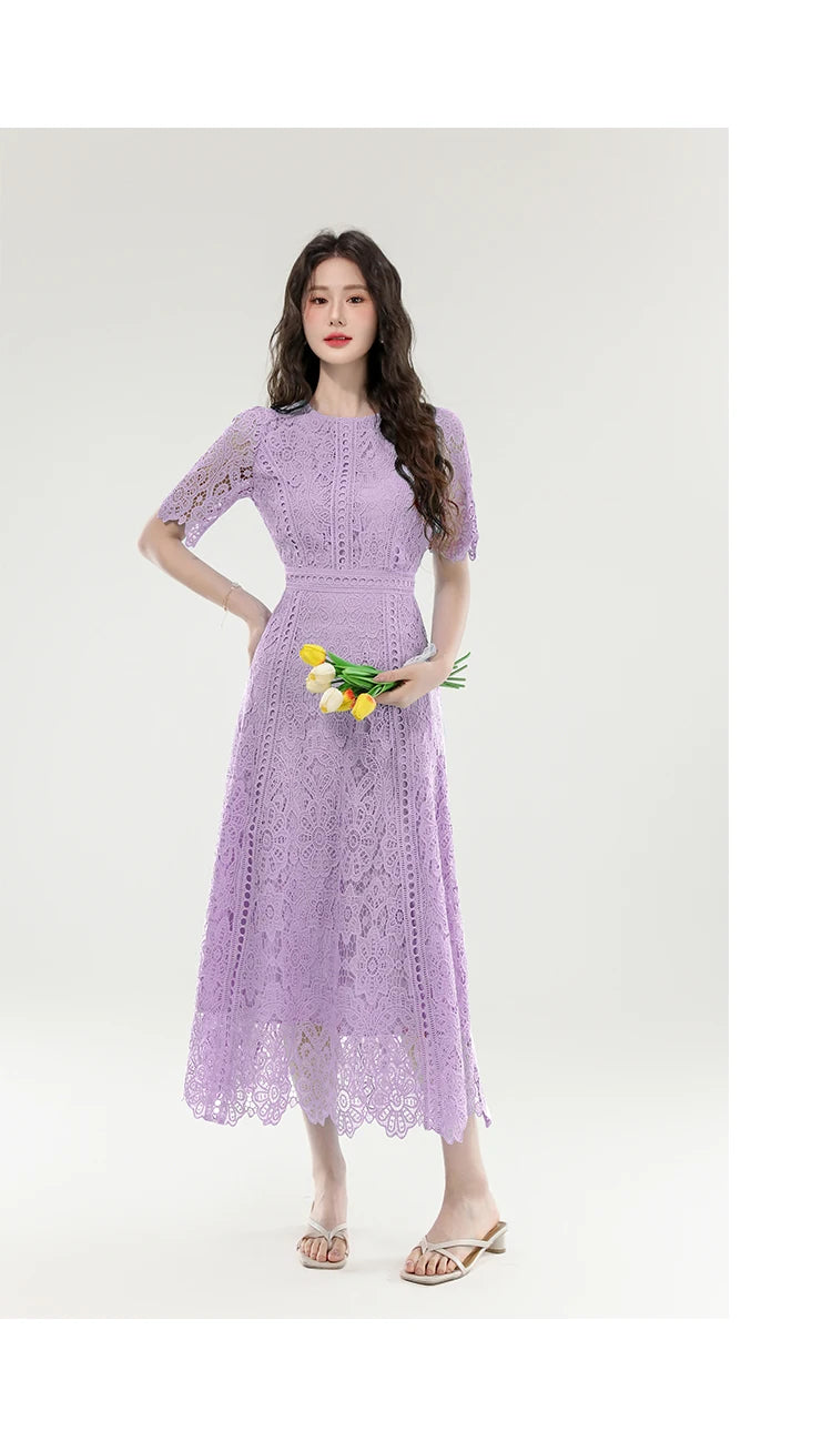 High Quality Lace Hollow Out Women Long Elegant Office Dress Summer French Chic Casual Vintage Purple Short Sleeve A-line Dress