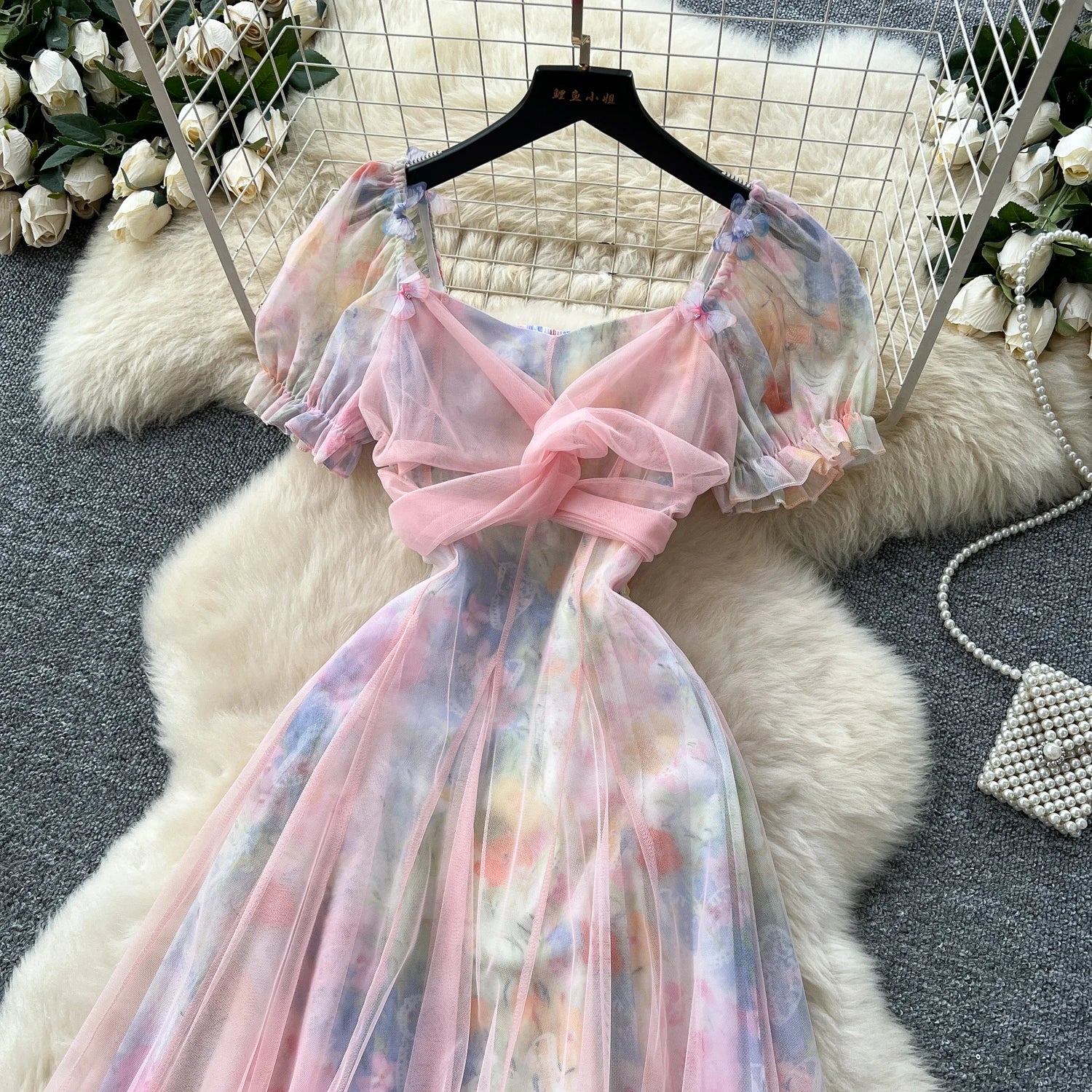 2025 French Fairycore 3D Butterfly Chic Dress Spaghetti Strap Sleeveless Print Design Summer Fashion Vacation Mesh Long Dress