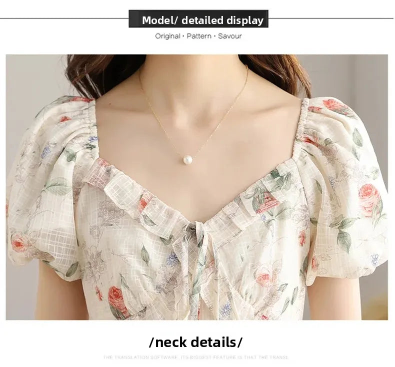 Elegant Summer Dress with Bubble Sleeves And Bellflower Pattern Slimming Empire Waist Knee-Length Polyester Fiber Short Sleeve