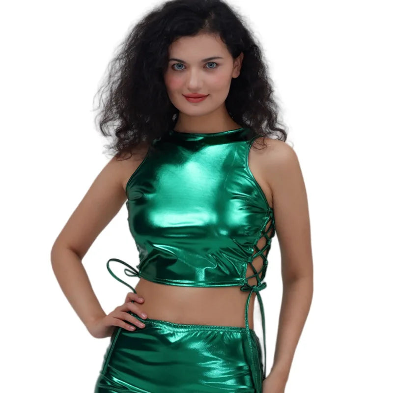 Hot Stamping Patent Leather Party Performance Costume Women's Sleeveless Strap Sleeveless Vest Nightclub Shorts Skirts
