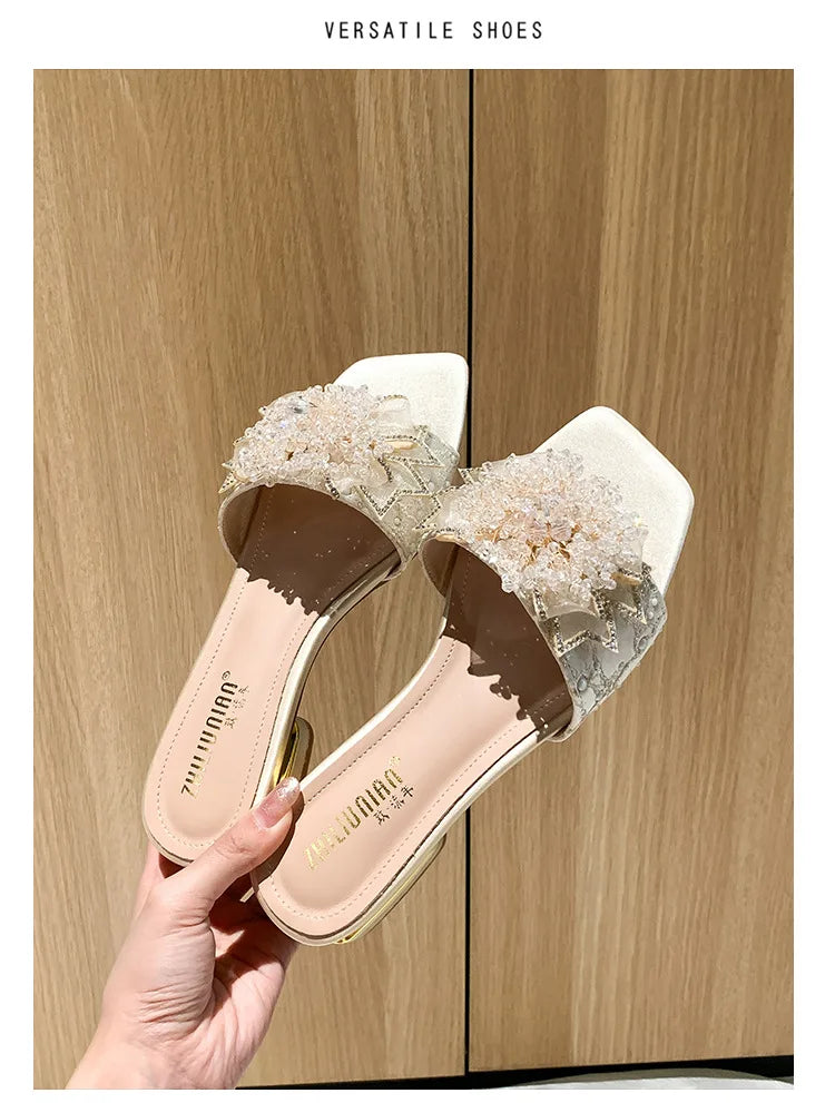 Women's Lightweight Summer Satin Gladiator Sandals and Slippers Beautiful Thick-Heeled Lace and Wedge Design