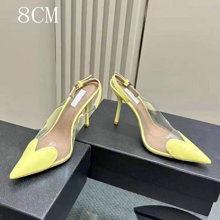 2025 New Pointy Peach Heart Fine Heel Shoes Sexy Pvc Transparent Film Black Patent Leather High Heel Overhead Sandals