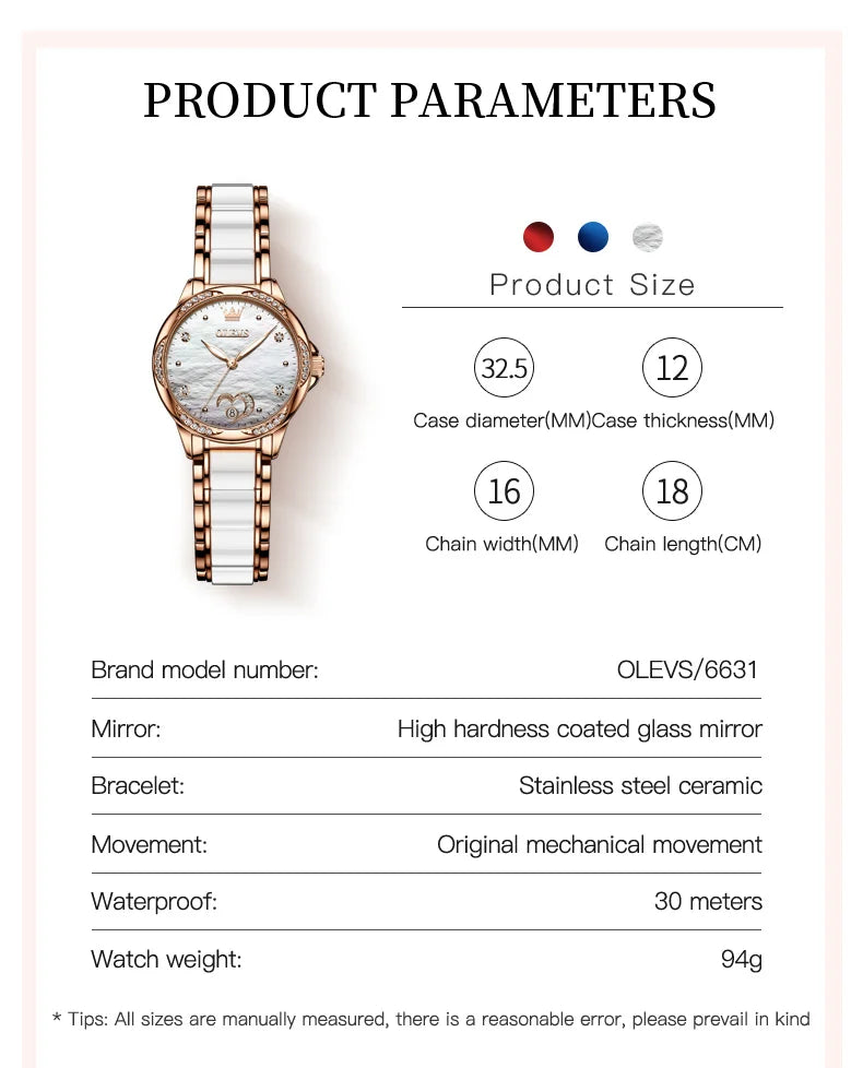 OLEVS Ladies Watch Woman Luxury Fashion Waterproof Watch for Women Watches Ceramic Automatic Mechanical Clock Gift Relogio