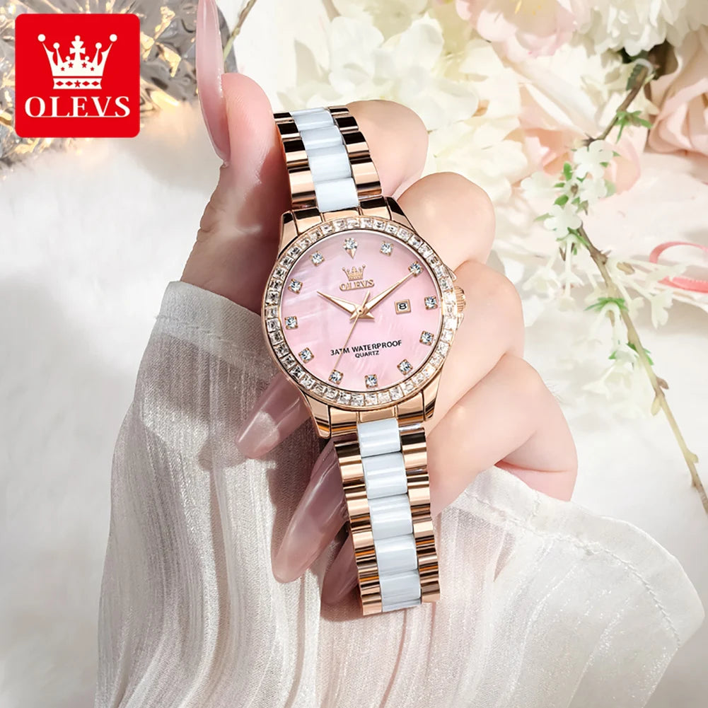 OLEVS New Luxury Ceramic Strap Quartz Watch Women Elegant Diamond Bezel Ladies Wristwatch Waterproof Date Watches Womens Reloj