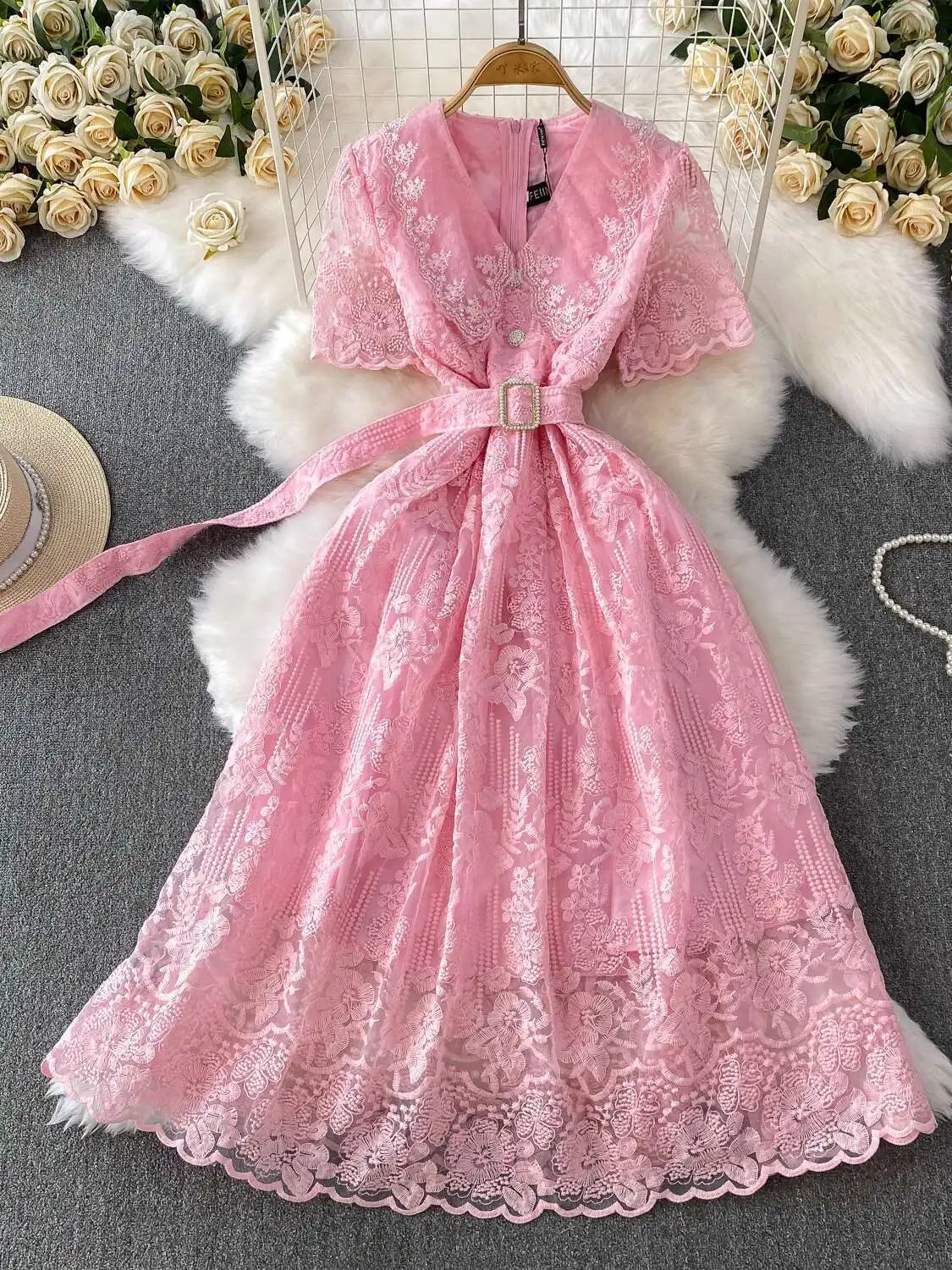 Luxury Formal Evening Lace Dress Women Summer Short Sleeve Crochet Embroidery Prom Long Dresses Runway Party Vestidos