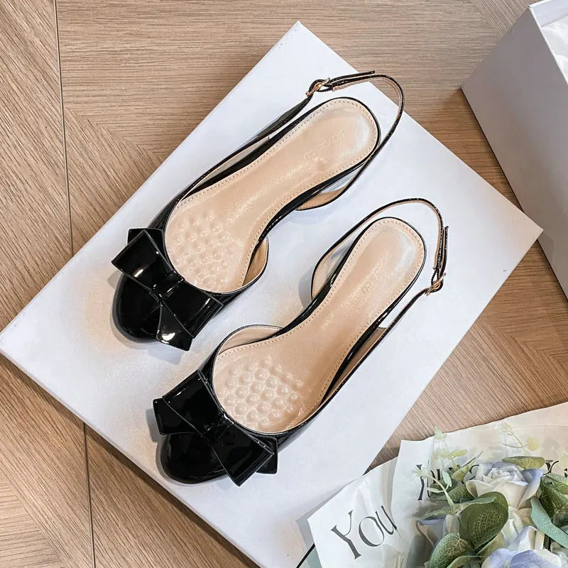 French-Style Bow Head-Toe Sandals For Women 2025 Summer New Style Chunky Heel Patent Leather High Heel Mid-Heel Sandals