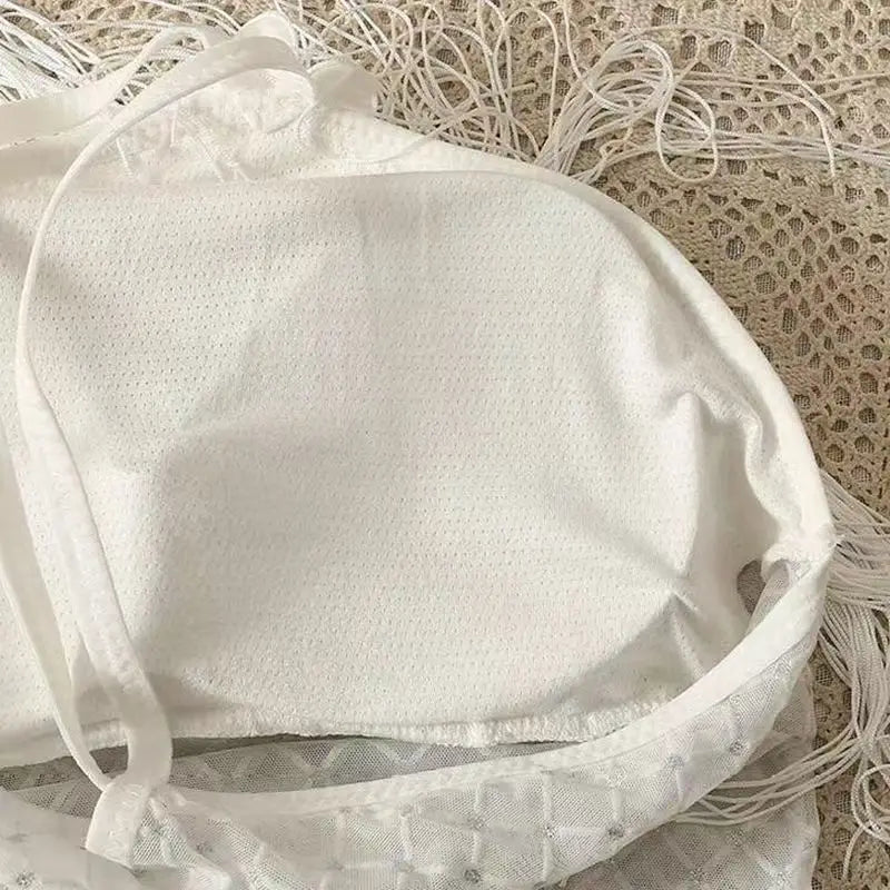 Decorative Halter Top with Padded Cups, Long Tassel, Pearl Sparkling Diamond, Retro Millennial Style, Sexy Halter