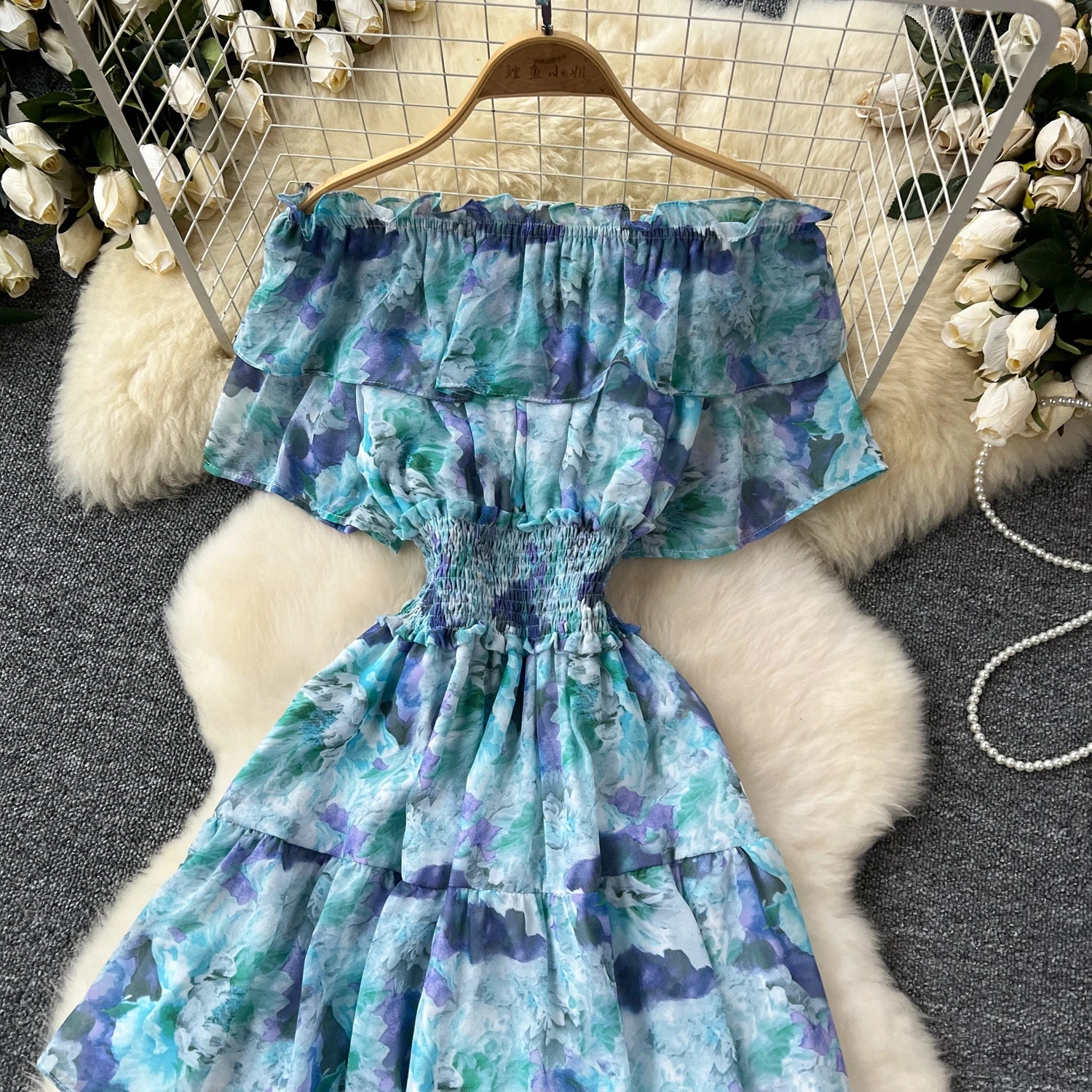 French Vintage Off Shoulder Short Sleeve Ruffle Tiered Long Dresses Chic Casual Beach Vacation Women Summer Chiffon Clothing