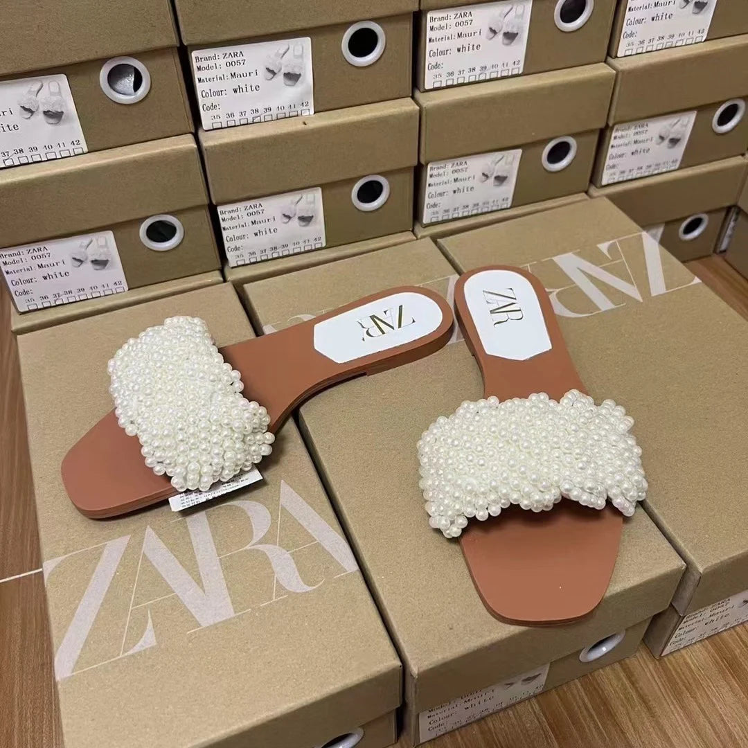 2025 Summer New Product Women's Shoes White Pearl Weaving Flat Sandals Outerwear Fashion Cool Slippers Pearl Bag Shoe Bag Set