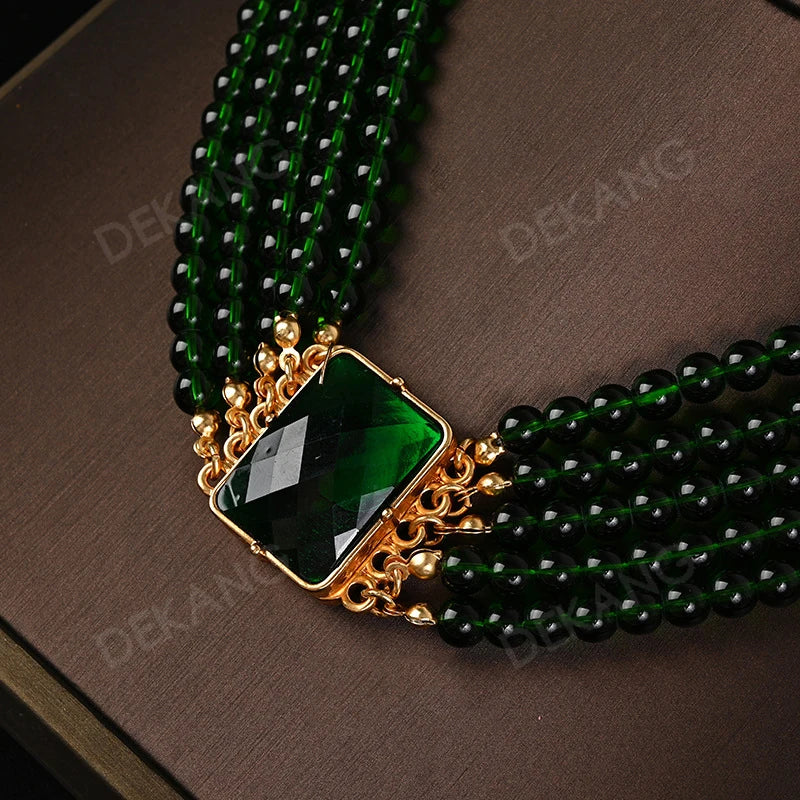 Exaggerated Green Crystal And Glass Multi-Layered Wearing Set Necklace Earrings