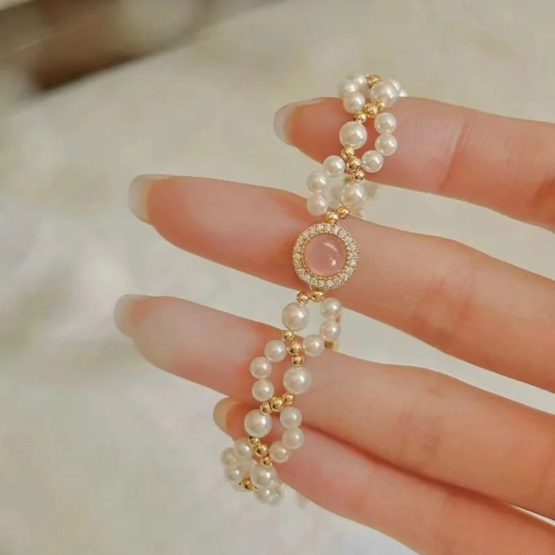 Charm Pearl Jewelry Sets for Women Fashion Temperament Pink Blossom Powder Zircon Pendant Necklace Ring Earrings Wedding Gifts