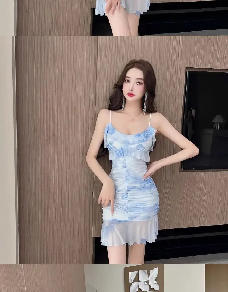 Summer French Pure Sexy Mesh Printed Suspender Dress Waist Pleated Bag