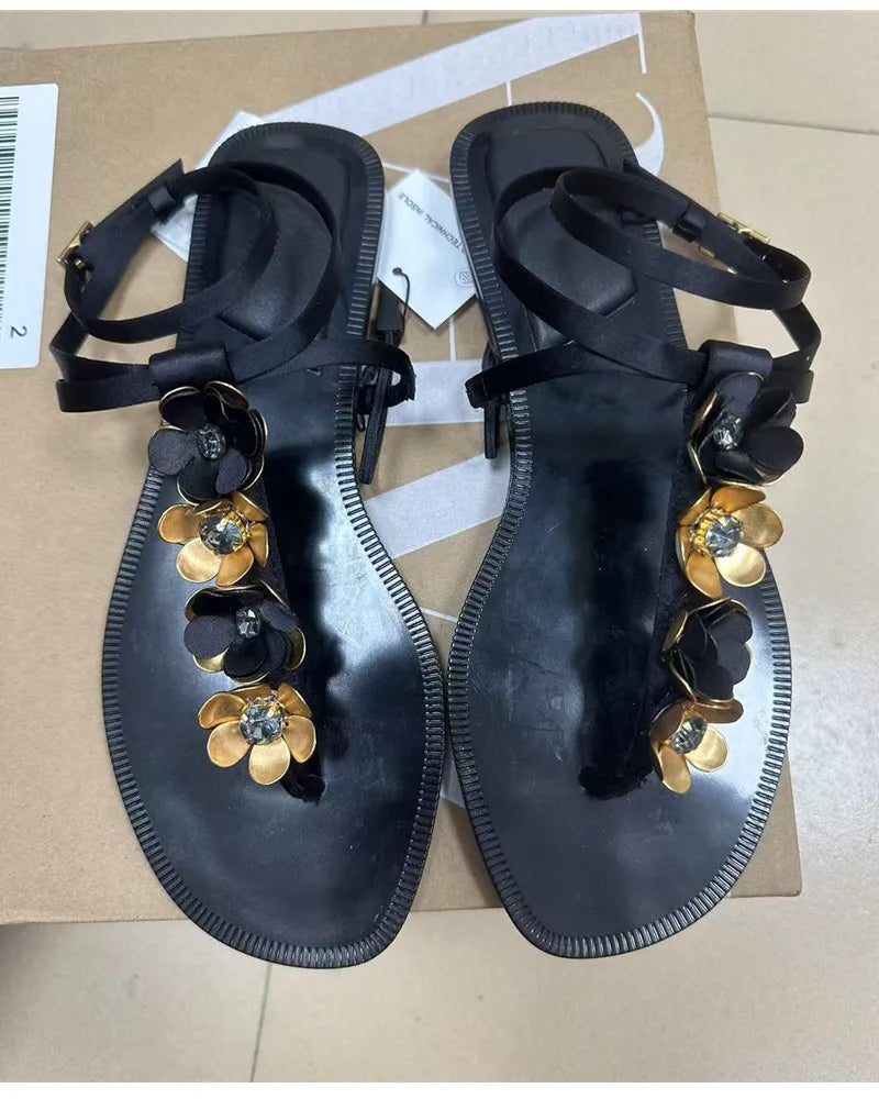 Luxury Crystal Flowers Decor Women Flats Sandals Sexy Ankle Strap Summer Beach Slides Fashion Streetwear Modern Sandals Shoes