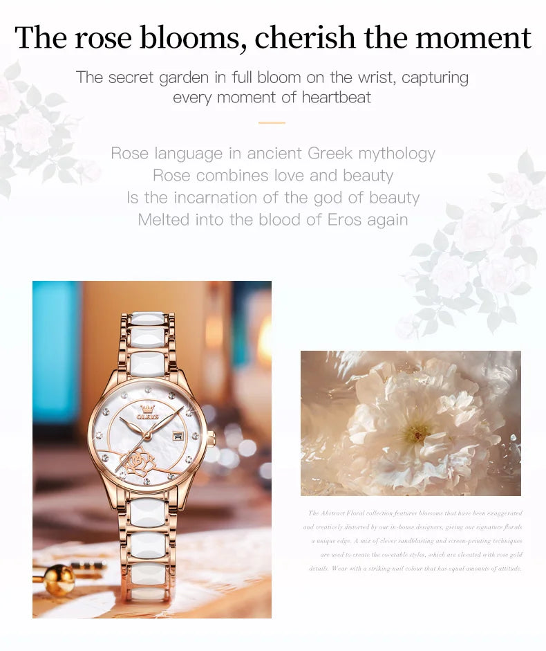 OLEVS 3606 Luxury Women Watch Camellia Quartz Japan Movement 30M Waterproof Watch For Women Ceramics Women Mechanical Watch