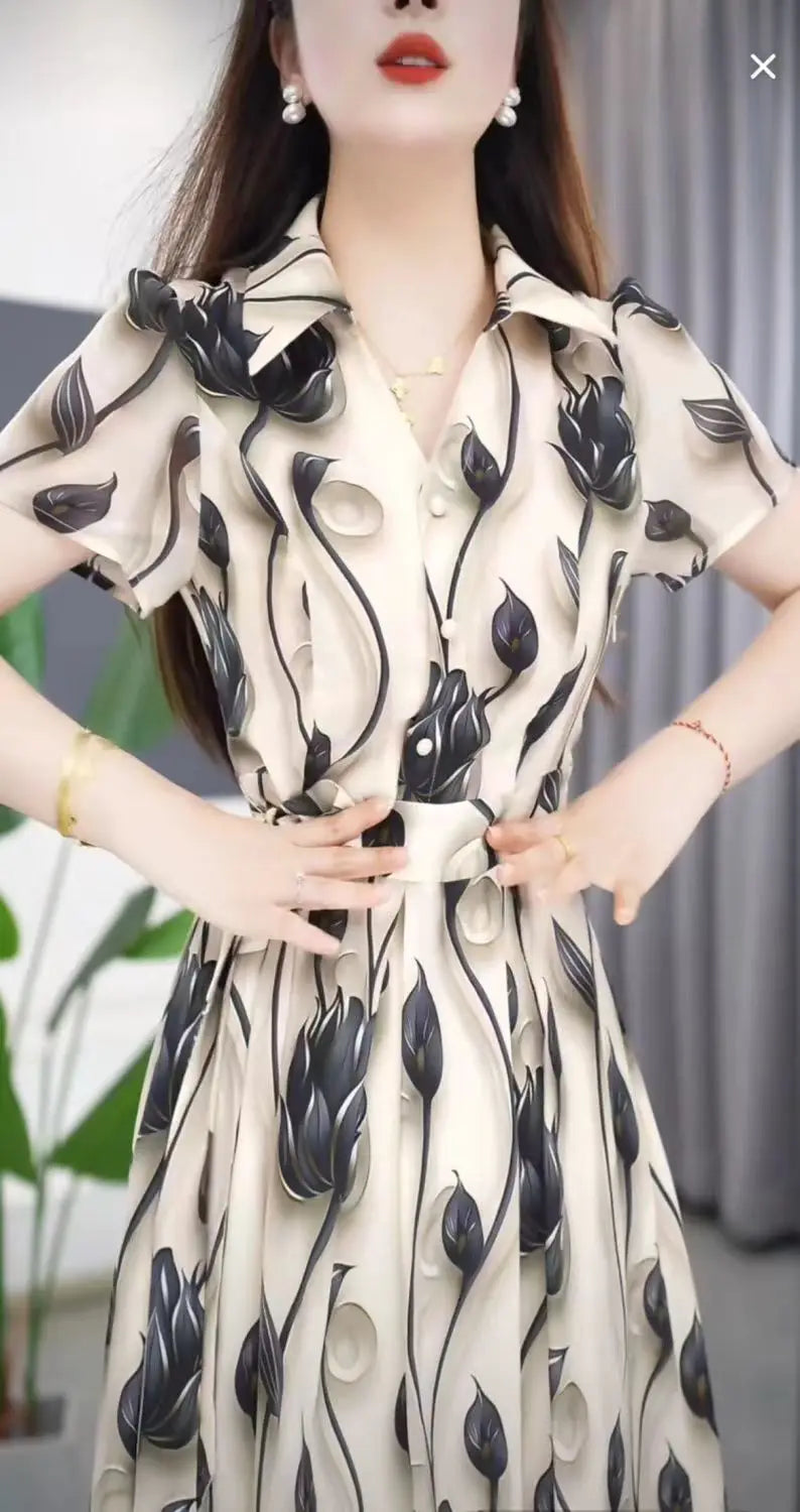 Women's Exquisite Printed Short Sleeved Dress 2024 Summer New Elegant And Beautiful Medium-length Shirt Skirt Mother's Outfit