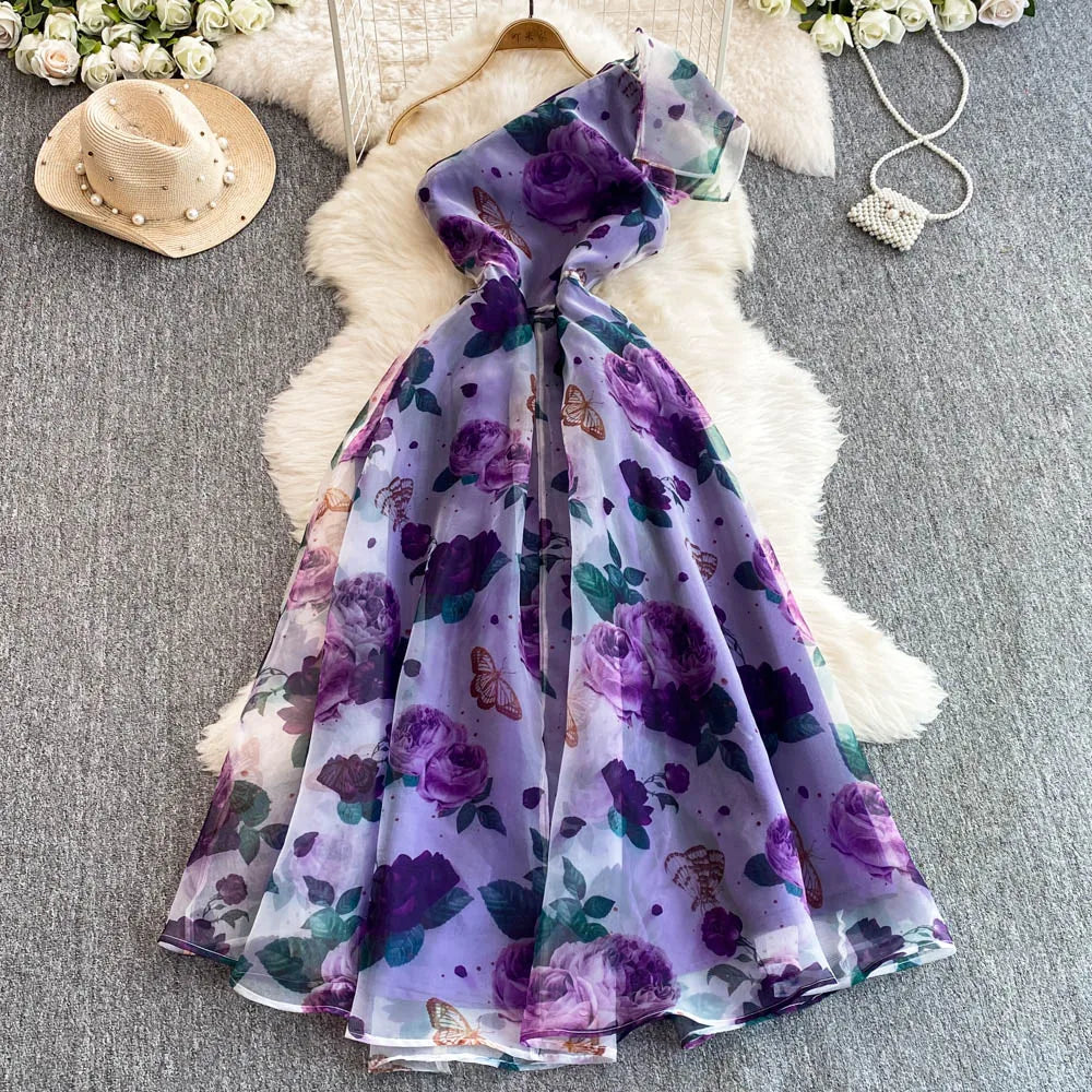 American Chic Maxi Dress for Women Floral Printed Skew Collar Sleeveless Female Dresses A-line Evening Club Vestidos Dropship