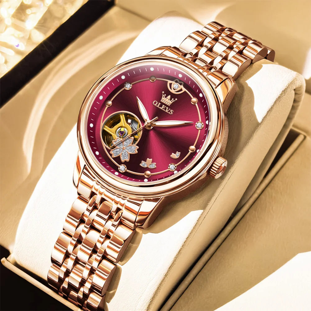 OLEVS Original Rhinestone Flower Design Watch Women's Luxury Rose Gold Watch Wine Red Automatic Mechanical Watch Birthday Gift
