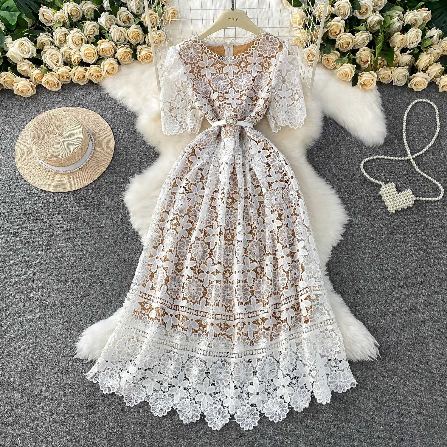 Brand Design Summer Embroidery Lace Long Dress Women Hollow Out Short Sleeve Midi Dresses Lady Belt Prom Evening Party Vestidos