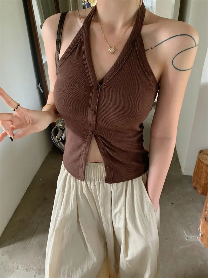 Sexy Spicy Girl Pure Color Design V-Ne Hanging Ne Vest Women's Summer Slim ort Matched with Chest Pad Top