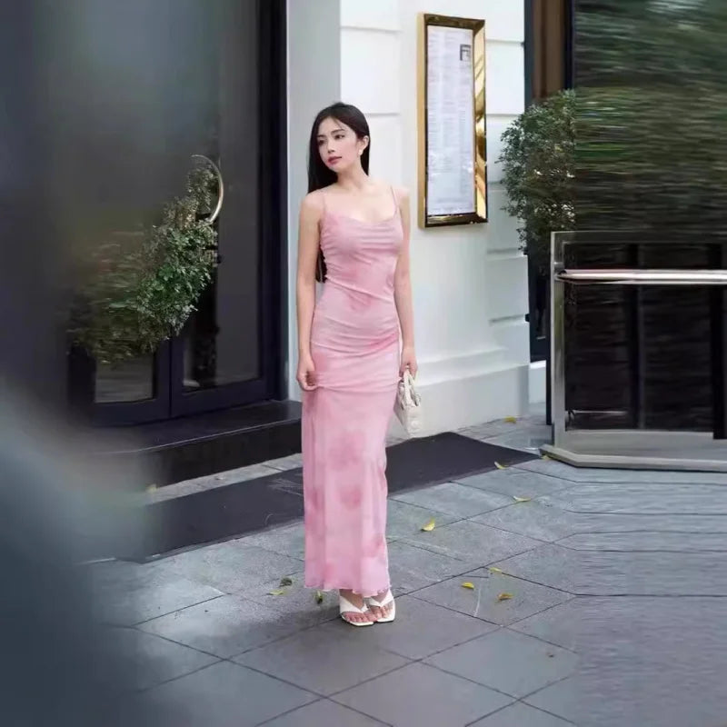 European and American Women's Fashion New Sweet and Spicy Style Off-Shoulder Mesh Printed Long Camisole Dress