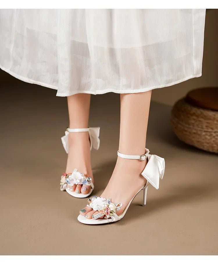 Summer Fashion Shoes Woman Pumps Open Toe Satin Flower Bow Buckle High Heels Ladies Sandals Women's Dress Wedding Party Shoes