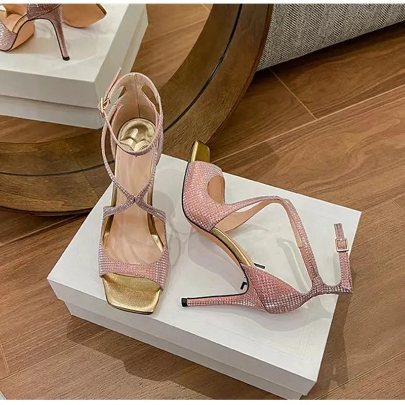 Fashion Patent Leather Peep toe Women Gladiator Sandals Sexy Narrow band Ankle Strap Gold Stiletto High heels Summer Party Shoes