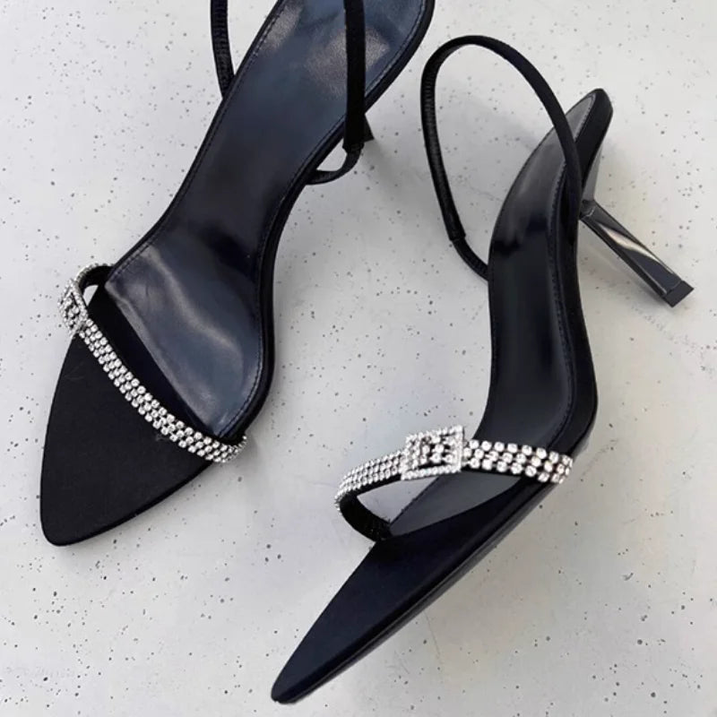 New Luxury Rhinestones Sandals Sexy Runway Pumps Strappy Heels Female Shoe Open Fashion Buckle Women Stiletto Back Strap Sandals