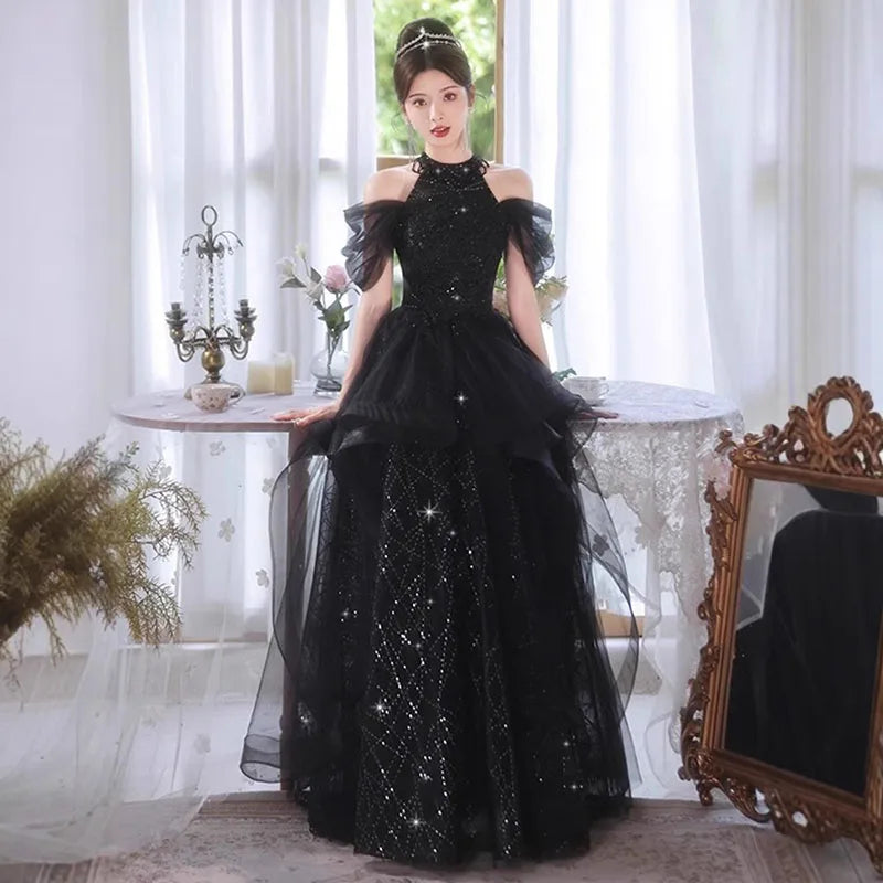 Evening Dresses Luxury 2026 Black Halter Evening Dress Corset Bodice Sequin Tulle Puffy Gown For Gala & Quinceanera
