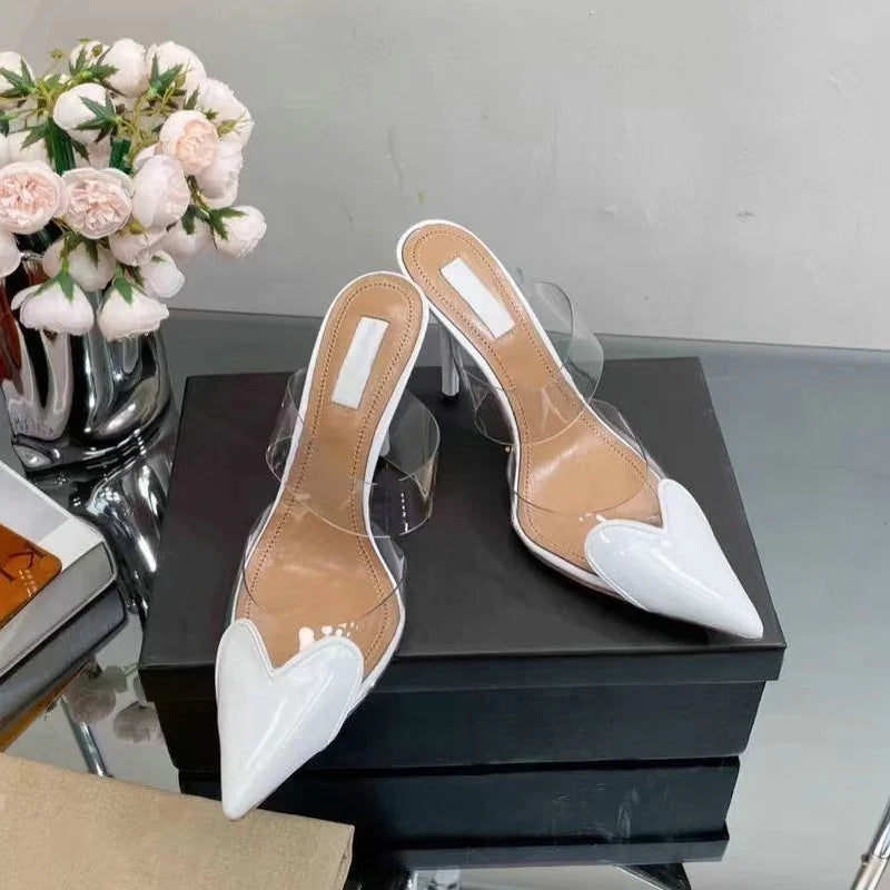 2025 Colorful Heart-Shaped Transparent Sexy Patchwork Color Sandals Women'S Half-Toe Pointed Toe Slippers 6cm/8cm/10cm